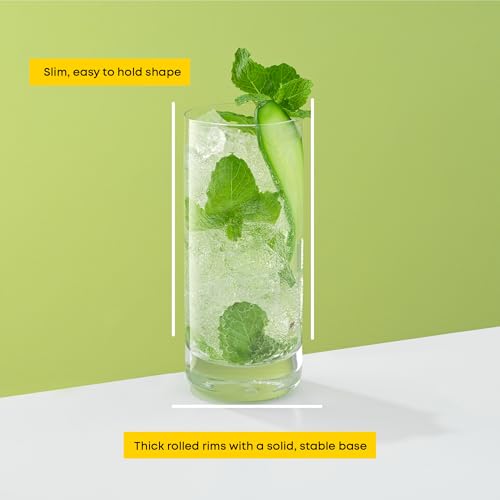 JoyJolt Faye 13oz Highball Glasses, 6pc Tall Glass Sets. Lead-Free Crystal Drinking Glasses. Water Glasses, Mojito Glass Cups, Tom Collins Bar Glassware, and Mixed Drink Cocktail Glass Set