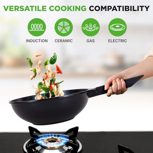 NutriChef Non Stick Frying Pans Set, 5-Piece Blue Diamond Ceramic Cookware with Lid, Nonstick Frying Pan for Gas, Electric, Ceramic & Induction Cooktops, PTFE/PFOA Free, Bakelite Soft-Touch Handles