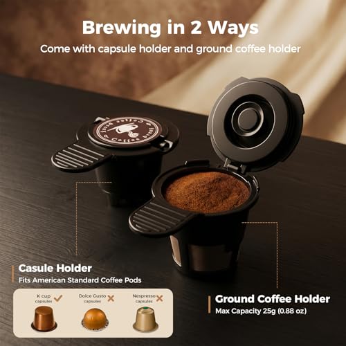 Aromvel 2-in-1 Single Serve Coffee Maker for K Cup Pods & Ground Coffee, 6 to 14 oz Brew Sizes, Compact Small Brewer with Dual Buttons, Adjustable Drip Tray for Travel Mugs, Silver