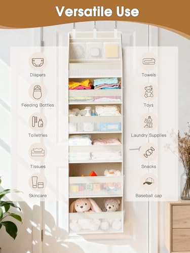 Criusia Over the Door Organizer, 6-Shelf Closet Hanging Storage with 13 Mesh Pockets, 55lbs Capacity Behind the Door Storage for Baby Nursery, Bathroom, Bedroom, and Dorm, Beige