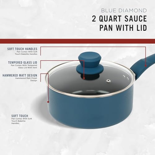 Prime Cuisine 2 Quart Sauce Pan with Lid, Blue Diamond NonStick Small Pot with Tempered Glass Lid, Soft-Touch Handles, Induction Base