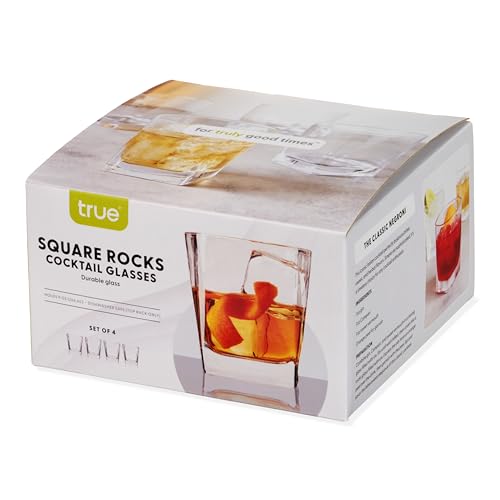 TRUE Square Rocks Glass, Old Fashioned Whiskey Glasses, Superb Drinking Cups for Cocktail Party, Home Bar, Bartender Accessories, Set of 4, 10 oz
