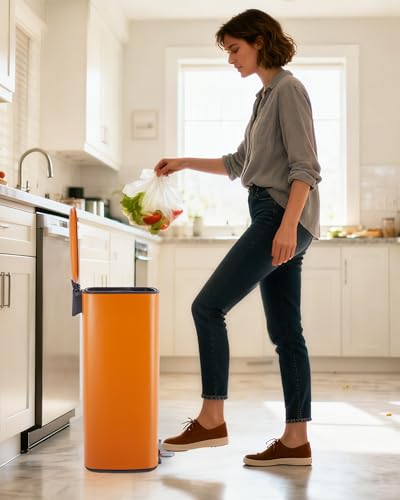 Garvee 8 Gallon Trash Can for Kitchen, Stainless Steel Garbage Can with Lid and Inner Bucket, Step-On Square Trash Bin for Home Office Bedroom Bathroom Laundry Room, 30 Liter, Orange