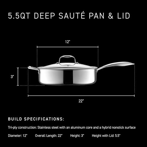 HexClad 5.5 Quart Hybrid Nonstick Deep Sauté Frying Pan with Lid, Dishwasher and Oven-Safe, Induction Ready, Compatible with All Cooktops