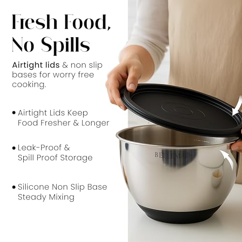 Bellemain Mixing Bowls with Lids Set - Stainless Steel Mixing Bowls with Airtight Lids - Food Storage Containers - 3PCS Set with Non-Slip Bottoms Kitchen Essentials for Baking - Serving