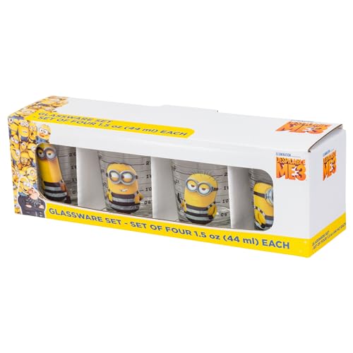 Silver Buffalo Minions Despicable Me Mug Shot Featuring Bob, Stuart, Tim, and Dave 4 Pack Mini Glass Set, 1.5 Ounces