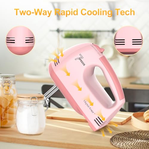 LILPARTNER Electric Hand Mixer with Storage Box, Ultra Power Kitchen Hand Mixer With 7-Speed & 5 Stainless Steel Accessories for Whipping Dough, Cream, Cake, Dishwasher Safe, PINK BOX