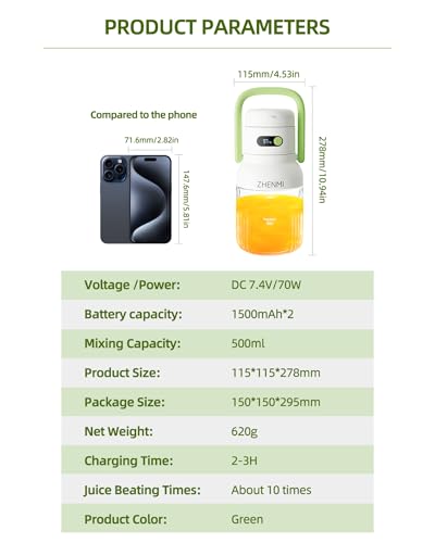 ZHENMI Portable Blender, Personal Blender for Smoothies & Shakes, Cordless, 33oz BPA-Free Vessel, 18000RPM Motor, Leakproof Lid with Sip Spout, USB-C Rechargeable, Easy-to-Clean Parts (Green)
