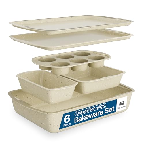 Bakken Swiss - Bakeware Set – 6 Piece – Stackable, Deluxe, Non-Stick Baking Pans for Professional and Home Cooking – Carbon Steel, White Stone Coating