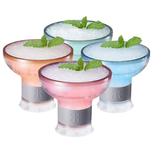 Khen Frozen Margarita & Cocktail Chiller Glasses | Set of 4 | Cooling Cups 12 OZ Unbreakable Tritan Acrylic, Double Wall Insulated to Keep Drink Cool, Freeze Gel Glass Cup, Silicone Holder