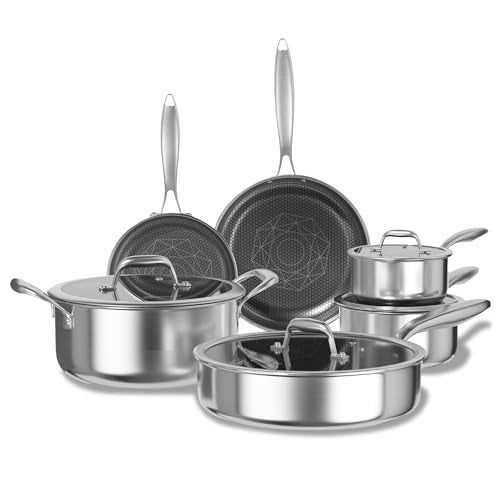 COOKER KING Non Stick Pots and Pans Set, 10pcs Hybrid Stainless Steel Cookware Set, Frying Pans