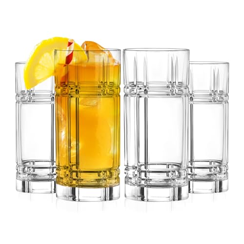 Barski Highball Glass - Drinking Glasses - Set of 4 - Hiball Tumblers - Glass Crystal Tumbler - for Water, Juice, Beer, Mixed Cocktails, Mojito Glass, Tom Collins Bar Glassware, 12 oz, Made in Europe