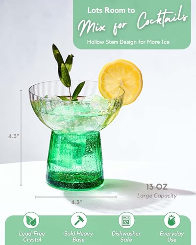ColoVie Stemless Margarita Glasses Set of 4-13oz Ribbed Colored Glassware - Premium Hand-Blown Lead-Free Crystal - Aesthetic Rippled Cocktail Cups for Party, Cinco de Mayo, Home Bar - Gift Box