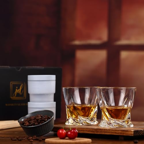 Whiskey Rocks Glass Set In Gift Box - Includes 2 Crystal Bourbon Glasses and 2 Big Ice Ball Molds - 11 Oz Old Fashioned Glasses for Scotch, Cocktails, Rum, Cognac, Vodka - Unique Gift for Men