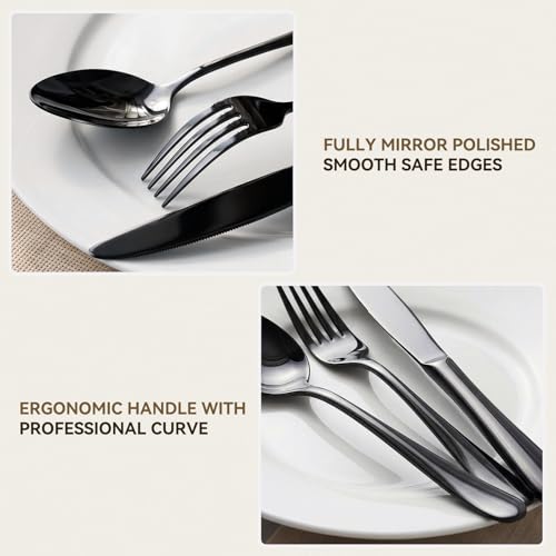 48 PCS NO-FADING Black Silverware Set with Steak Knives - KIKCOIN Food-Grade Stainless Steel Flatware Set for 8 - Mirror Polished Cutlery Set, Titanium Black Finish, Rust Resistant & Dishwasher Safe