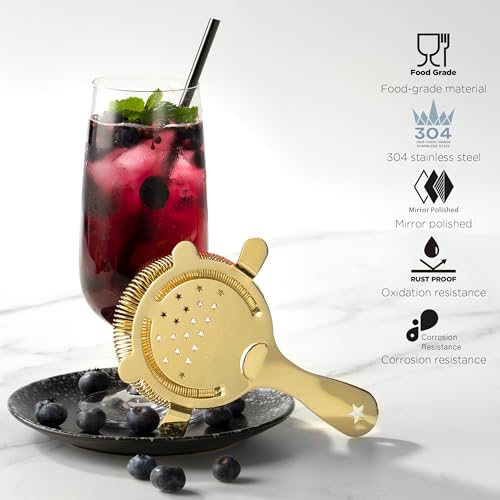 Homestia Hawthorne Strainer - Stainless Steel Cocktail Strainer with Removable High-Density Spring for Bartending, Boston Shakers & Mixing Glasses, Professional Bar Tools Gold