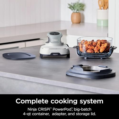 Ninja FN090 Crispi 3-in-1 4QT Portable Cooking System with TempWare Container, 1500W, Recrisp, Air Fry, & Max Crisp, Easy Storage, Crisper Plate, Lid, Cook, Serve & Store, White (Renewed)