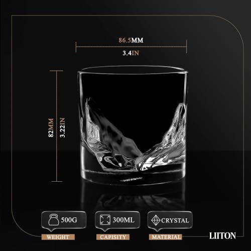 LIITON Grand Canyon Heavy Crystal Whiskey Glasses Gift Set of 2, Thick Freezable Bourbon Glass 1lb Each, Premium Whiskey Gifts for Men, Frozen Crystal Chills Cocktails Collins Glass, 10 oz