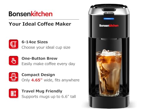 Bonsenkitchen Single Serve Coffee Maker K Cup Pod with 6-14oz Brew Size- 3 Min Fast Brewing Machine with Strength Control, BPA-free Materials, Fits 6.6" Travel Mugs, Silver, Upgrade