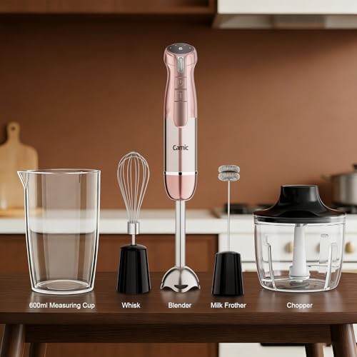 Camic Hand Blender, Cordless Immersion Blender with 6 Speeds, 4 in 1 Portable Mixer Electric Handheld Mixer with Blender, Chopper, Whisk, Frother for Soup, Smoothies, Baby Food and Puree (Champagne)