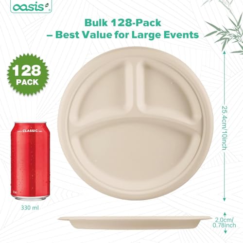 OasisSN 𝟭𝟬 𝗶𝗻𝗰𝗵, 𝟭𝟮𝟴-𝗣𝗮𝗰𝗸 3-Compartment Disposable Paper Plates, Compostable Heavy-Duty Divided Plates for Meal Prep, School Lunches & Party Buffets (Natural)