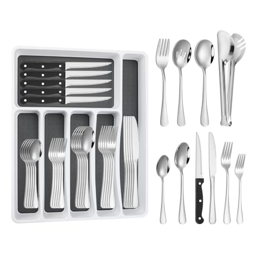 53PCS Silverware Set for 8 with Flatware Drawer Organizer, Stainless Steel Cutlery Set with Steak