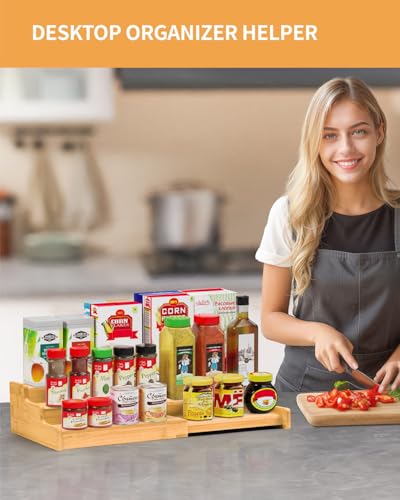 VenDotbi Spice Rack, 3-Tier Expandable Bamboo Spice Rack Organizer for Cabinet - Kitchen, Pantry and Cupboard Storage Organizer