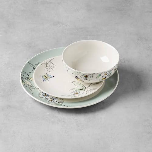 Oneida Dinnerware Set, Botanica 12-Piece Dinnerware Set, Service For 4, Porcelain Material, Dishwasher And Microwave Safe, Bowls, Plates And Bowls, Dinner Dishes, Plates, Home (Green, 12 Piece)