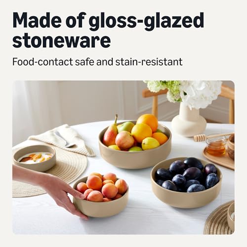 Amazon Basics Glazed Stoneware Serving Bowls, 3-Piece Set, Dishwasher-Safe, Microwave and Freezer-Safe, Nest for Space-Saving, Linen Gray