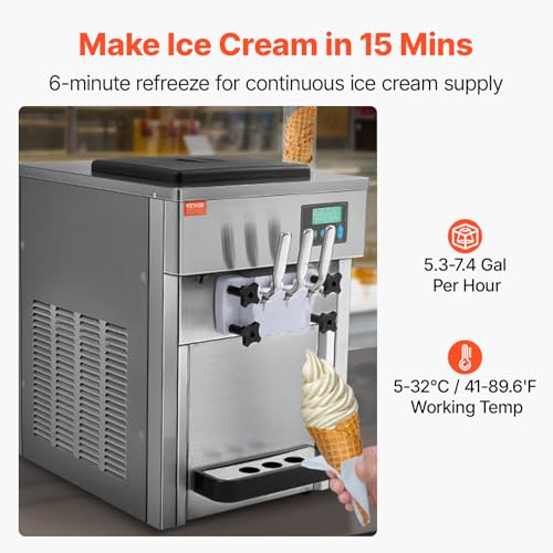 VEVOR Commercial Ice Cream Machine, 21 QT/H Soft Serve Ice Cream Maker with LCD Panel Auto Clean 3-Flavor Pre-cooling for Restaurant Snack Bar