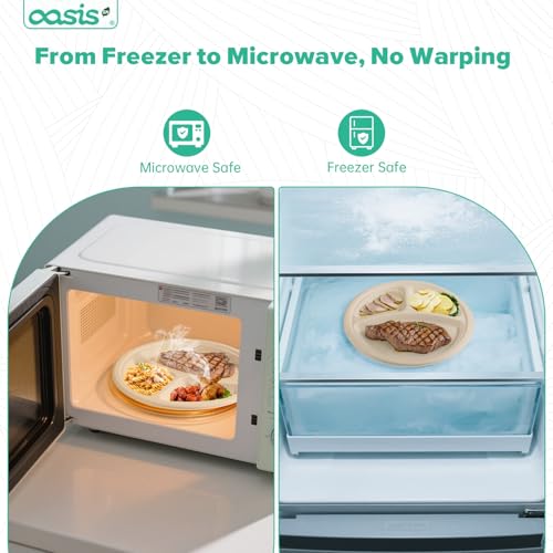 OasisSN 𝟭𝟬 𝗶𝗻𝗰𝗵, 𝟭𝟮𝟴-𝗣𝗮𝗰𝗸 3-Compartment Disposable Paper Plates, Compostable Heavy-Duty Divided Plates for Meal Prep, School Lunches & Party Buffets (Natural)