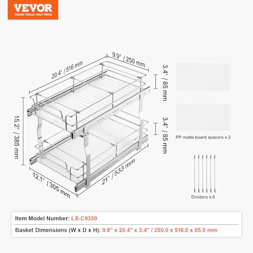 VEVOR Pull Out Cabinet Organizer, 12"W x 21"Dx15.2"H Heavy Duty Slide Out Pantry Shelves, Chrome-Plated Steel Roll Out Drawers for Home,13.5"Wx22"Dx19"H Inside Kitchen Cabinet, Bathroom, Under Sink