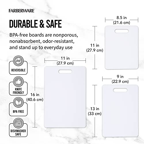 Farberware Plastic Cutting Board Set, Dishwasher- Safe Poly Chopping Board for Kitchen with Easy Grip Handles, Set of 3, White