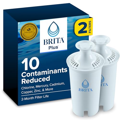 Brita BritaPlus Replacement Water Filter for Pitchers and Dispensers, WQA NSF/ANSI Certified, Reduces 2x More Contaminants vs. Standard Brita, Reduces Chlorine Zinc Copper Mercury & More, 2 Filters