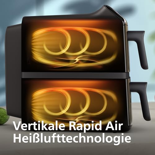 Philips Airfryer 4000 Series Stacked Dual Basket, Stacked Air Fryer with 2 Baskets, 10L, RapidAir Technology, 45% Less Space Required, PFAS Free Ceramic Coating, Viewing Window (NA462/70)