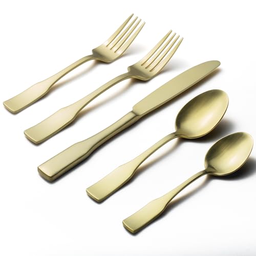 Alata Kate Champagne Gold Satin 20-Piece Silverware Set, Service for 4, Stainless Steel Flatware Set, Matte Polished Cutlery Set, Dishwasher Safe