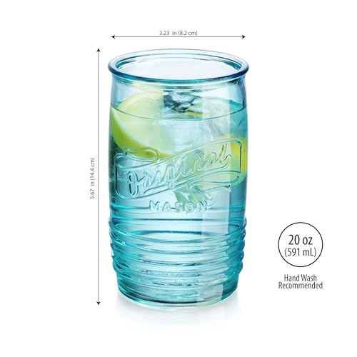 Glaver's Set Of 4 Original Mason Collins Glasses Assorted Colored Drinking Glasses For Juice, Cocktails, Beverage Glass Cups, Hand Wash-In Cold Water (Original Mason Colored 20 OZ)