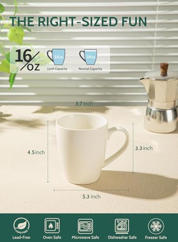 Sweese Porcelain Coffee Mugs - 16 Ounce - Set of 6, Cups for Latte, Hot Tea, Cappuccino, Mocha, Cocoa, White