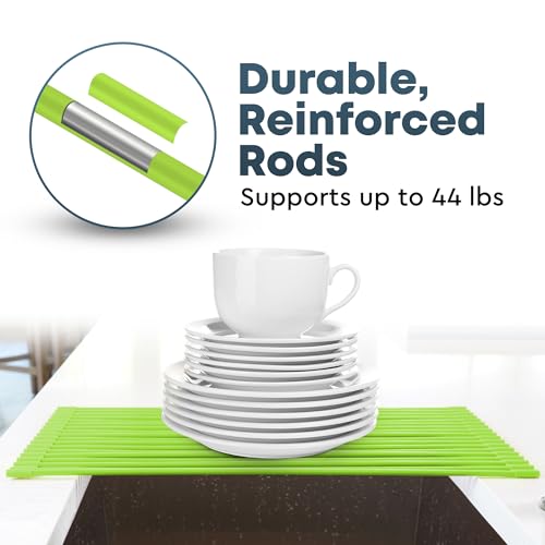 Zulay Kitchen Large Roll Up Dish Drying Rack - Heavy Duty Silicone Wrapped Steel Rods Over Sink Dish Drying Rack - Versatile Roll Up Sink Drying Rack & Trivet - Green,20.5 inches x 13 inches