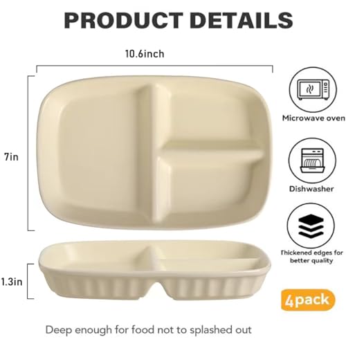 Divided Plates 10.5 Inch for Adults, Portion Control Bariatric Plate, Wheat Straw Plates with 3 Compartments, Unbreakable Reusable Portion Control Plates, BPA Free(4PCS) (INS Series-4PACK)