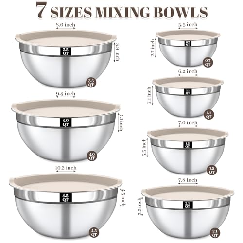 Boskermeal Mixing Bowls with Lids Set - 7PCS Nesting Mixing Bowls, Lids, Stainless Steel Mixing Bowls for Mixing, Baking & Meal Prep, Dishwasher Safe, Size 0.7/1.1/1.5/2.1/3.5/4/4.5 QT, Khaki