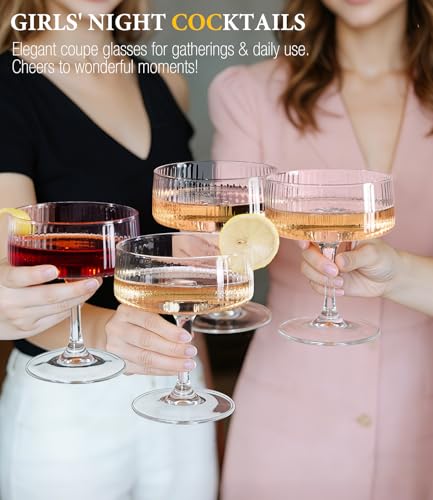 Echubao Coupe Glasses Set of 6, Ribbed Large Martini Glass, 10oz Vintage Cocktail Glasses for Espresso Martini, Manhattan, Margarita, Pisco Sour, Home Bar