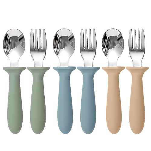 Eascrozn Toddler Utensils, 6 Pack kids Silverware Set with Silicone Handle, 18/8 Stainless Steel Children Safe Forks and Spoons, Dishwasher Safe