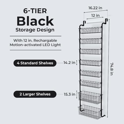 HOKOSFOKOS Over Door Organizer Storage - 6 Tier Black Metal Over the Door Pantry Organizer Heavy Duty Hanging Storage Rack, Behind Cabinet Shelves for Home, Kitchen, Bathroom, Closet, Pantry