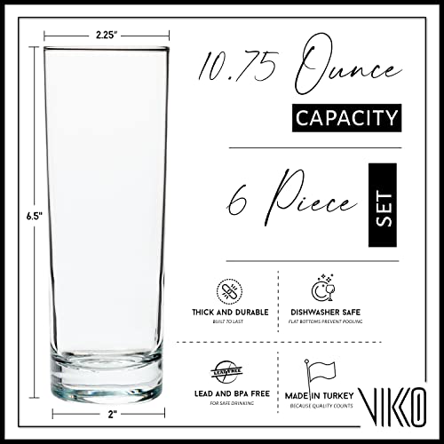 Vikko Highball Glasses with Weighted Base, 10.75 Ounce Drinking Glass, Set of 6 Collins Glasses for Juice, Water, Beverages and Cocktails