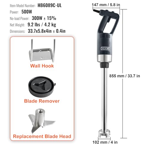VEVOR Commercial Immersion Blender, 500 Watt 20Inch Heavy Duty Hand Mixer, Variable Speed Mixer with 304 Stainless Steel Blade, Multi-Purpose Portable Mixer for Soup, Smoothie, Puree, Baby Food