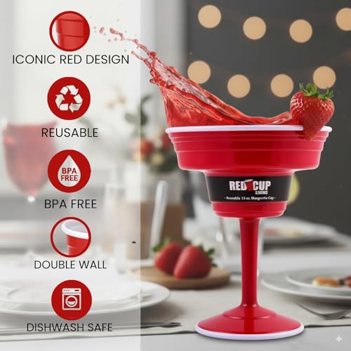 Red Cup Living Reusable Plastic Margarita Glasses with Stem 15 oz – Shatterproof Cocktail Cups, Durable Party Stemware for Pool, Patio & Outdoor,st patricks day accessories & spring break essentials