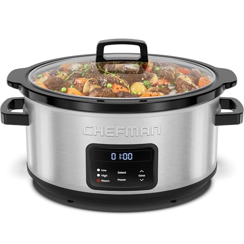 Chefman Slow Cooker 7 Quart, Large Family Size Programmable Digital Slow Cooker with 24-Hour Timer, Low, High & Warm Settings, Ceramic Crock, Tempered Glass Lid, Dishwasher-Safe, Stainless Steel
