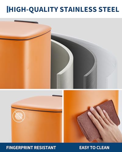 Garvee 8 Gallon Trash Can for Kitchen, Stainless Steel Garbage Can with Lid and Inner Bucket, Step-On Square Trash Bin for Home Office Bedroom Bathroom Laundry Room, 30 Liter, Orange