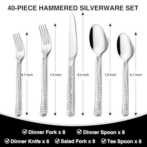 Hammered Silverware Set, 40-Piece Stainless Steel Square Flatware Set for 8, Food-Grade Tableware Cutlery Set, Utensil Sets for Home Restaurant, Mirror Finish, Dishwasher Safe